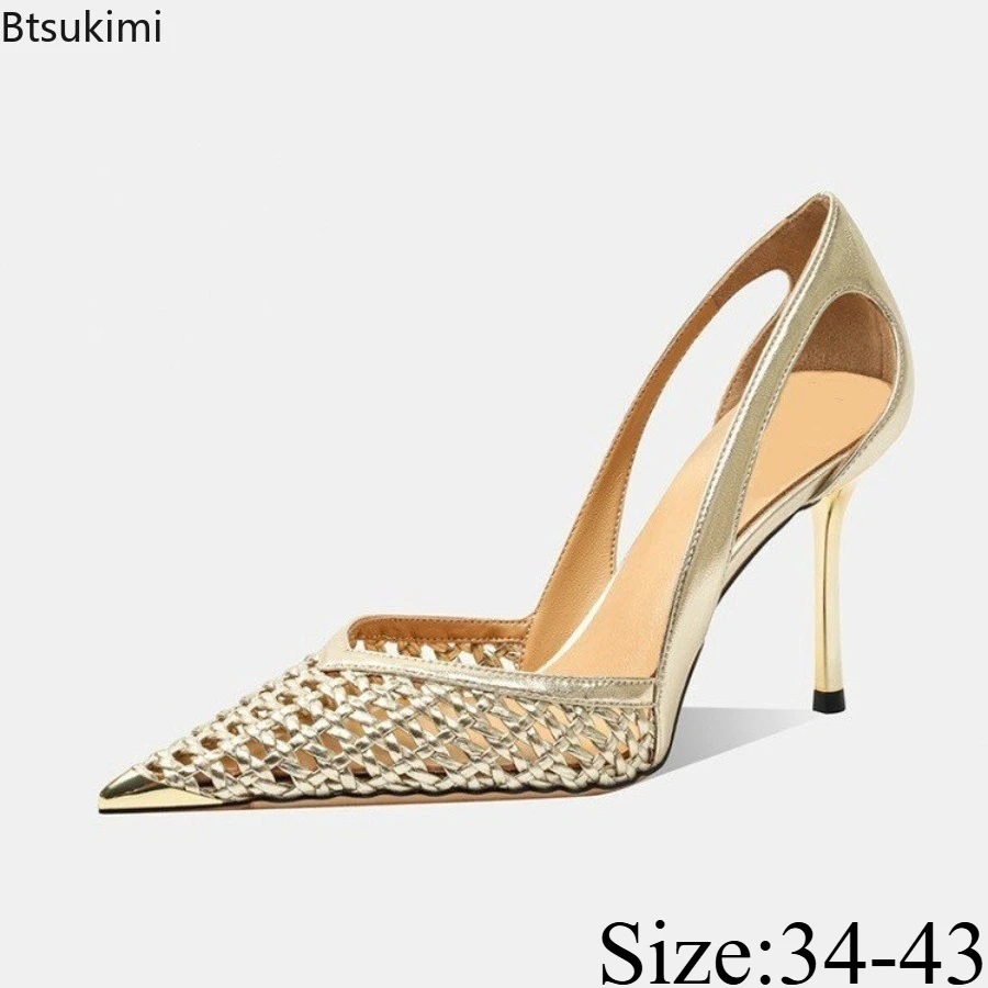 New Women Bling Hollow Out Sandals Fashion Pointed Toe Shallow Slip on Ladies Elegant Slingback Shoes Concise Party Dress Pumps