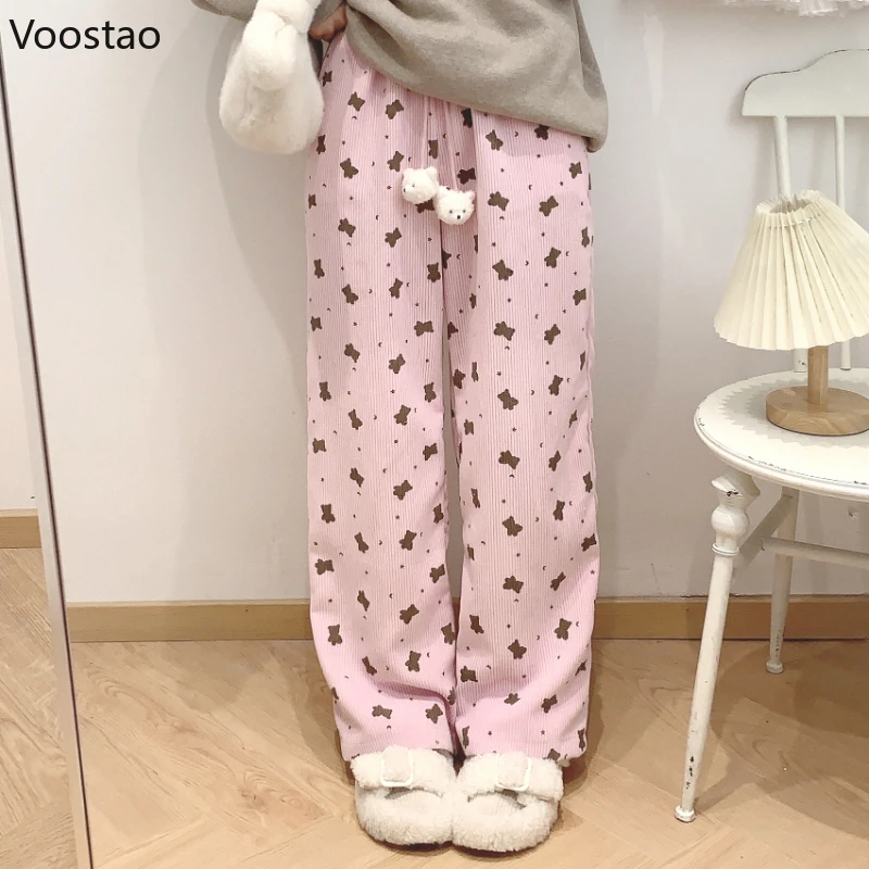 

Sweet Corduroy Pants Women Korean Casual Cartoon Bear Print Wide Leg Pants Japanese Harajuku Trousers Fashion Loose Sweatpants