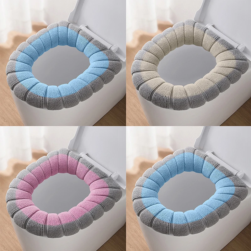 Winter Warm Toilet Seat Cover Washable Bathroom Toilet Pad Cushion With Handle Thicker Soft Mat Knitting Warmer Closestool Mat