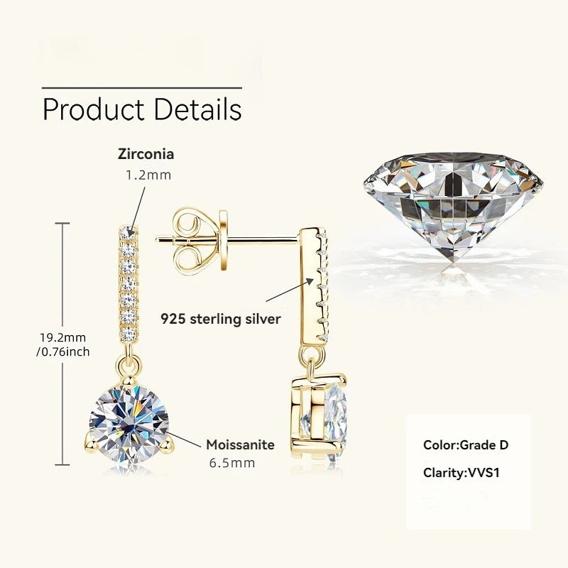 Apaison 6.5 mm 1 ct Moissanite Women's Studs Earrings Wedding Party Gold Plated Jewelry