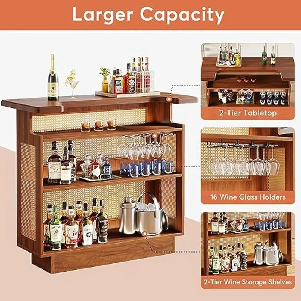 Rattan Home Bar Unit, Farmhouse 4-Tier Bar Table with 4 Stemware Racks and Heightened Base