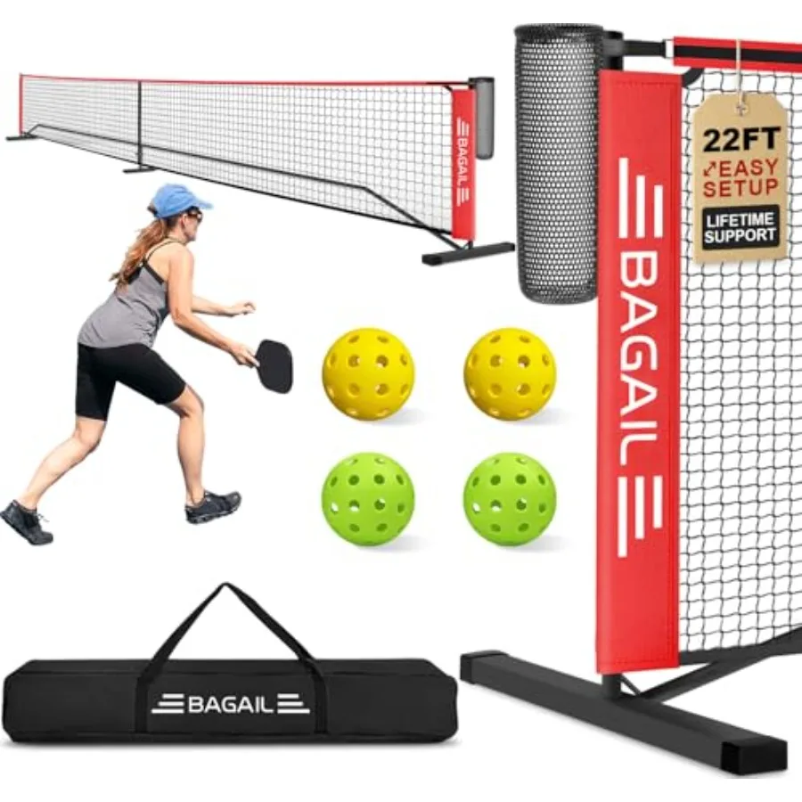 Juego de red de Pickleball portátil, tamaño de regulación de 22 pies, red de bolas de pepinillos con colector de bolas, 4 bolas y bolsa de transporte, fácil configuración para exteriores