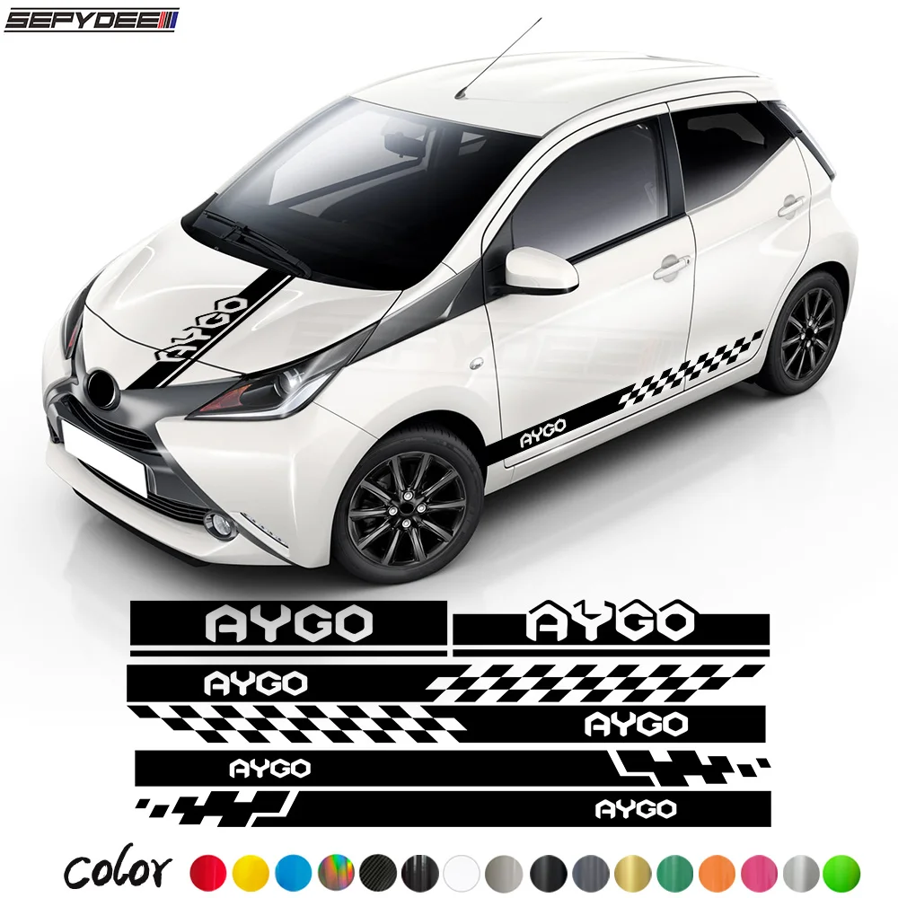 Car Hood Bonnet Door Side Skirt Sticker Engine Cover Body Stripes Checkered Graphics Vinyl Decals For Toyota Aygo Accessories