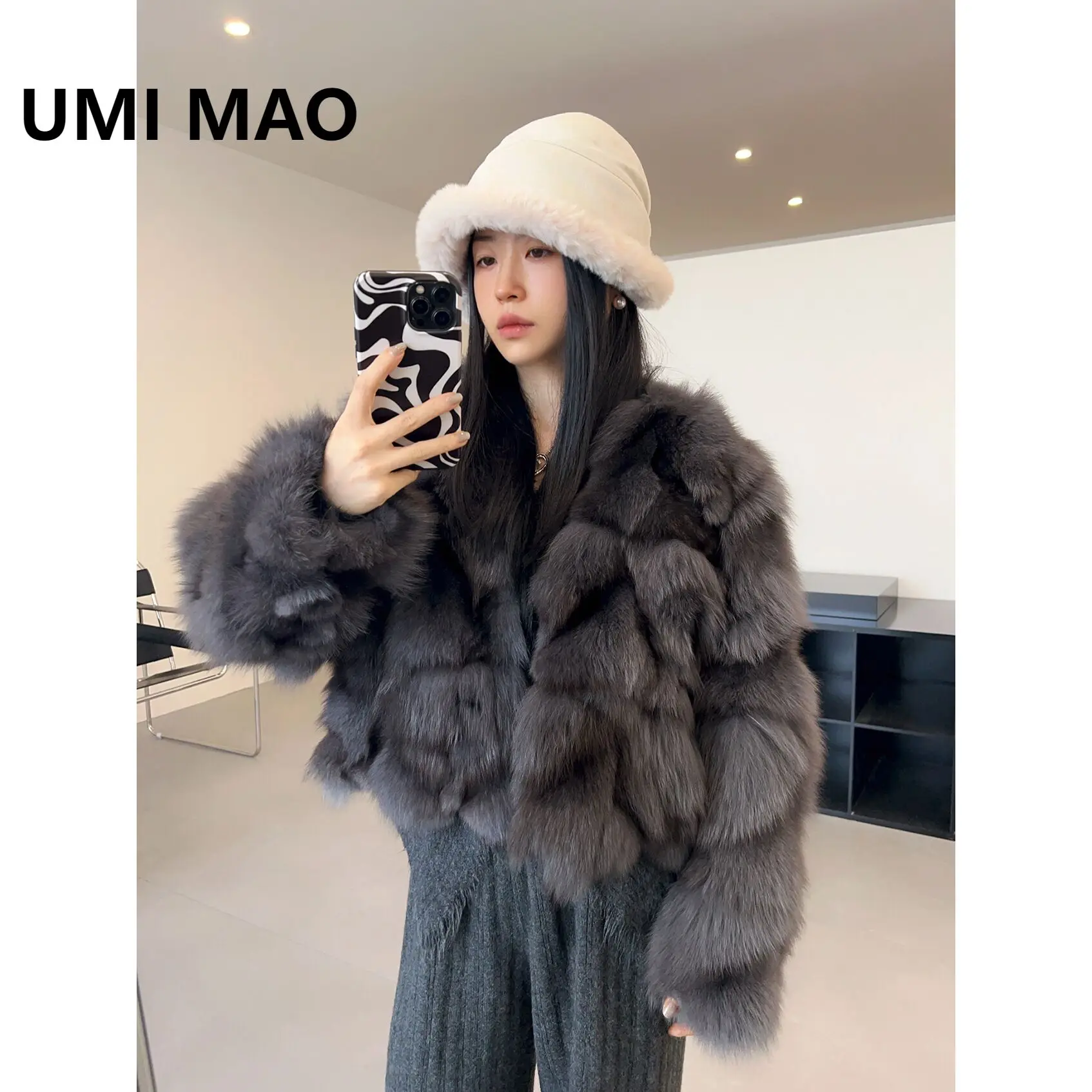UMI MAO Winter Jacket New Fox Real Fur V-neck Long Sleeved Autumn Winter Light Luxury Design Silver Fox Fur Coat Femme