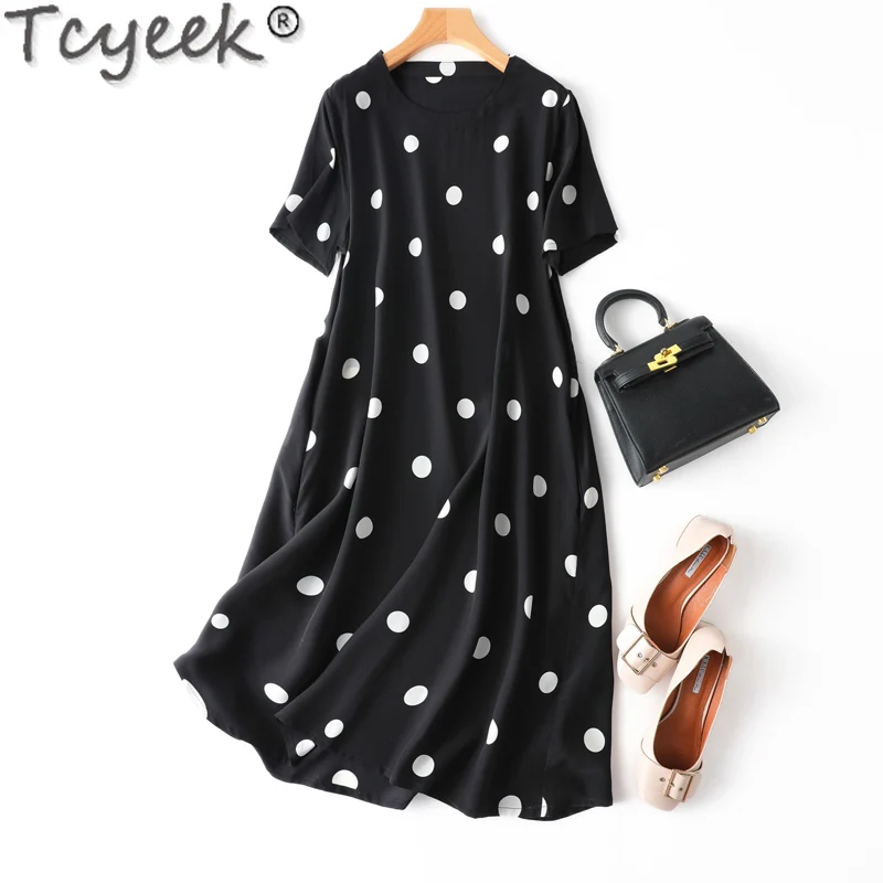 

Tcyeek 100% Mulberry Silk Dress Women Elegant Women's Dresses Vintage Dress dots Summer Clothes loose waist Vestidos de Mujer