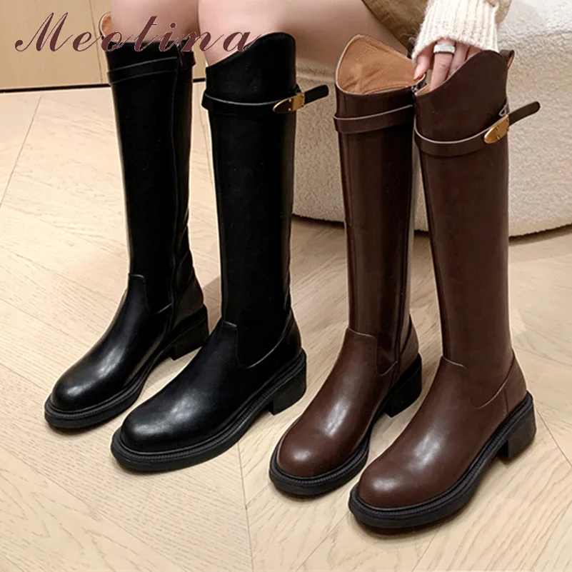 

Meotina Women Genuine Leather Knee High Gogo Boots Round Toe Thick Mid Heels Zipper Metal Decoration Ladies Fashion Shoes Winter