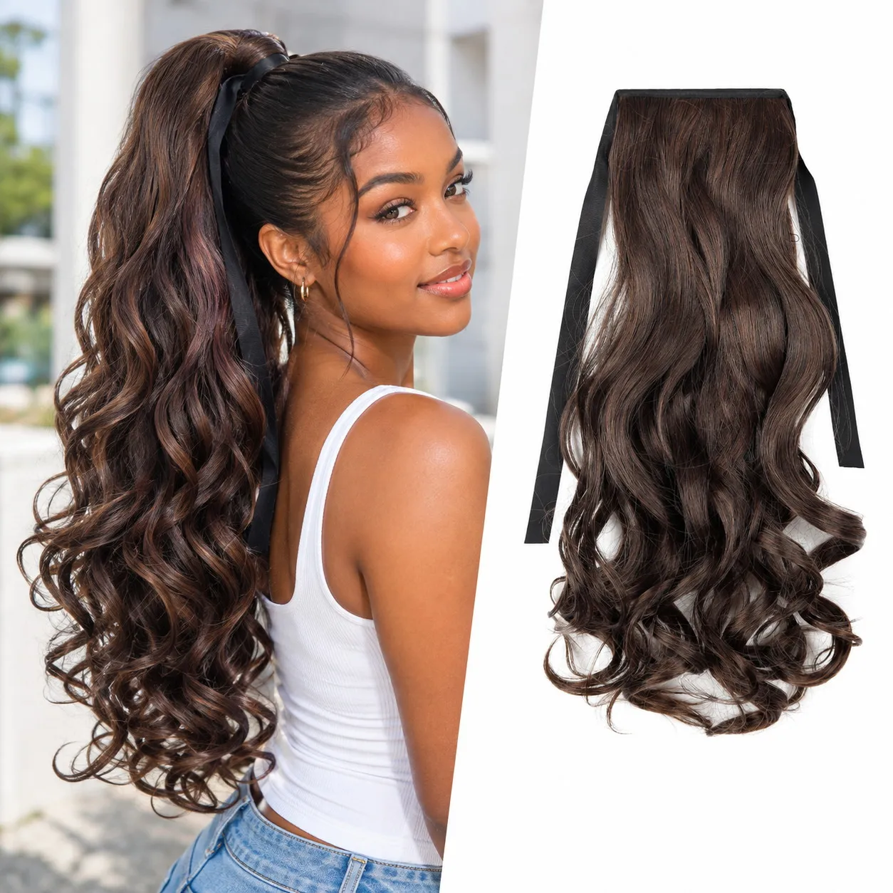 Long Wavy Tie On Ponytail Hair Extension 18 Inch 100g Synthetic High Ponytail Curly Wrap Around Hairpiece For Women Party Daily