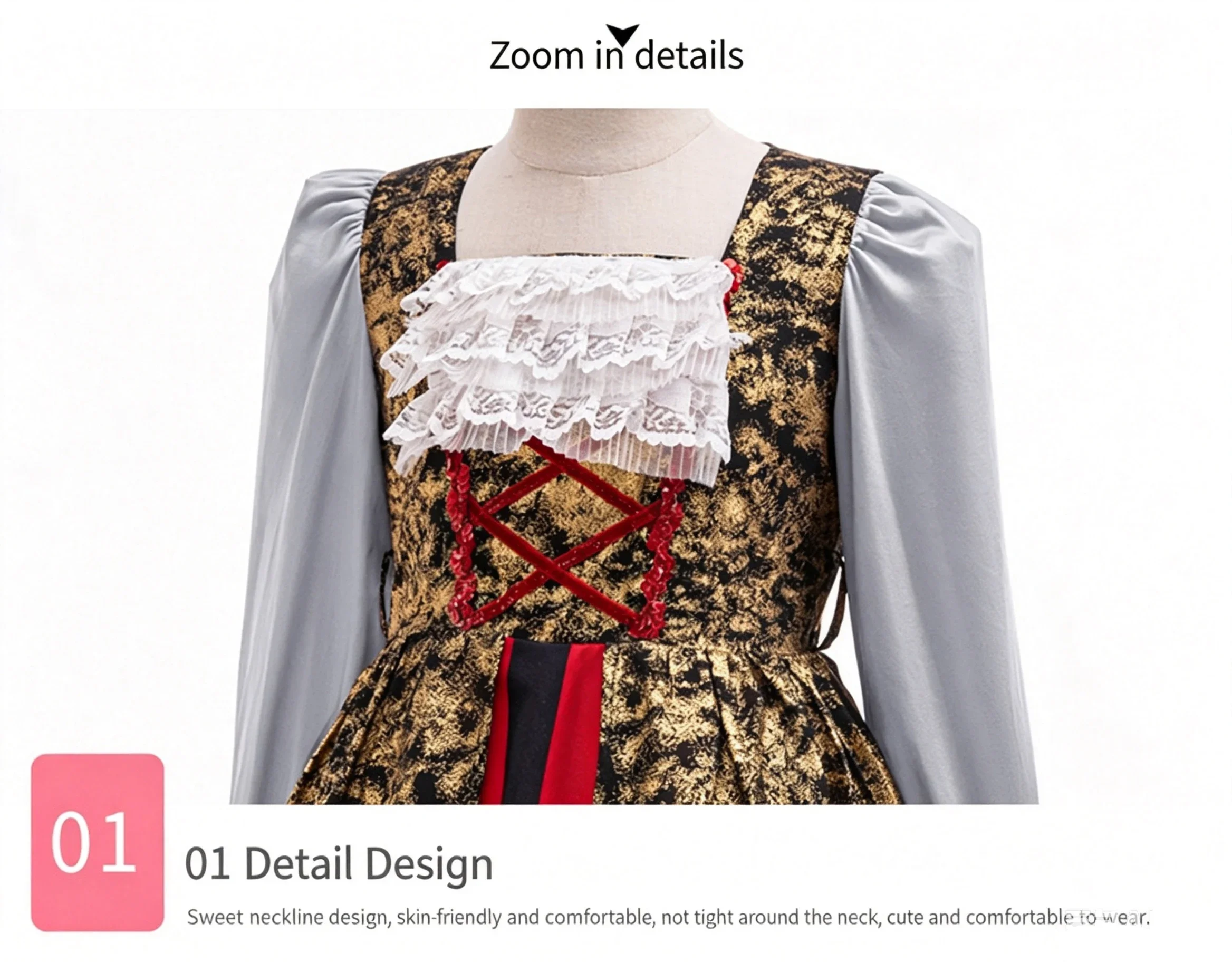 Piraten-Halloween-Kostüm für Mädchen, langes Kleid mit Puffärmeln, Schal mit Totenkopf-Aufdruck, roter Streifenrock für Kinder, Karneval, Party, Cosplay-Outfit – Detail 5