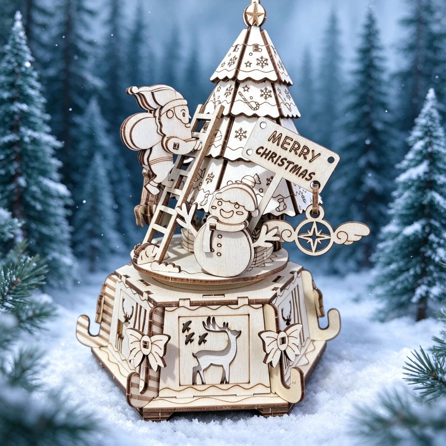 DIY Wooden Christmas Tree Rotating Music Box, Santa Climbing Ladder & Snowman Xmas Desktop Decor Gift