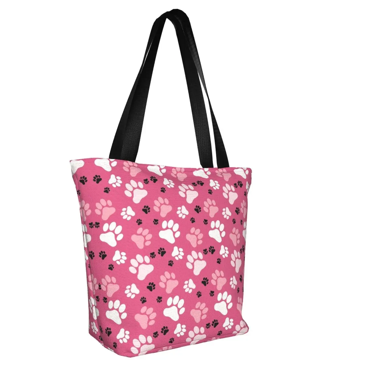 Paw Prints Pink Groceries Shopping Tote Bag Women Colorful Floral Pretty Canvas Shopper Shoulder Bags Large Capacity Handbag