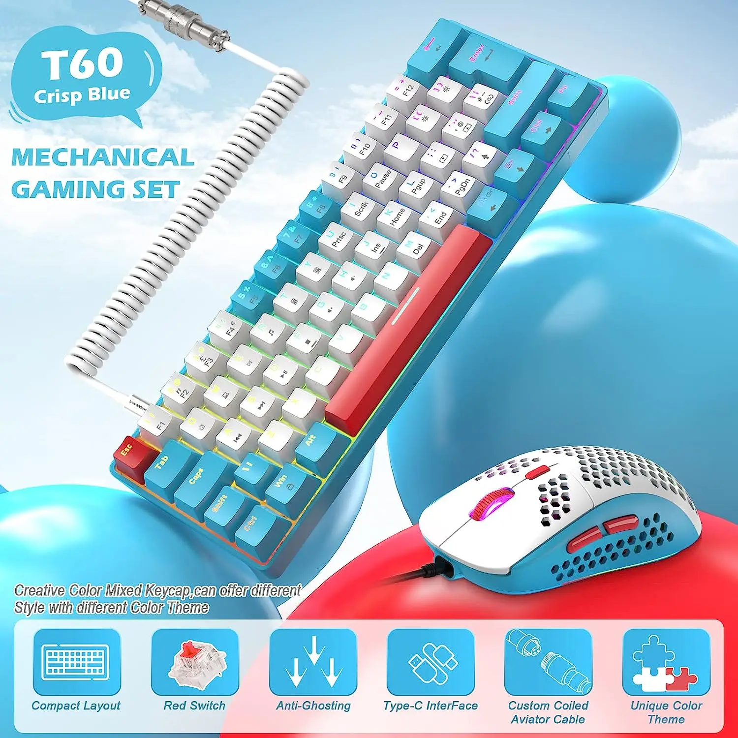 60% Mechanical Keyboard and Mouse Combo + Tray USB C Cable, RGB LED Backlit Keyboard, Red Switches, 6400 DPI Programmable Mouse