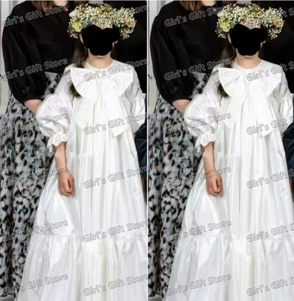 Gorgeous Hollow Lace Bridesmaid Teen Dress Flower Girl Dress for Wedding Puffy Sleeve First Communion Gown Princess Girl Dress