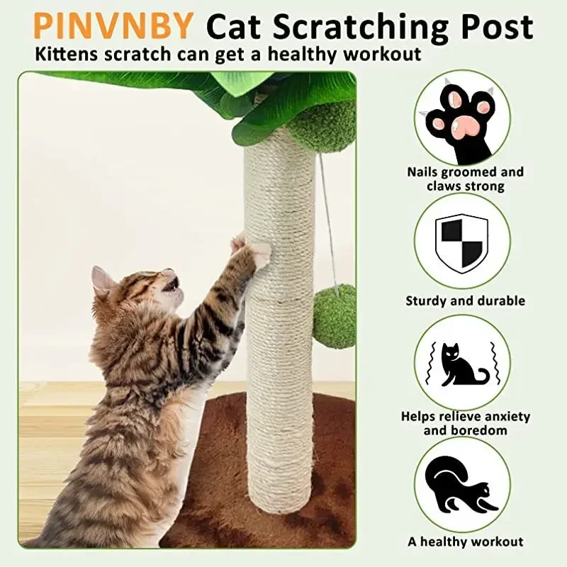 Indoor Cat Scratching Post Coconut Tree Sisal Pet Scratch Pole Kitten Climbing Frame and Teasing Toy for Cats