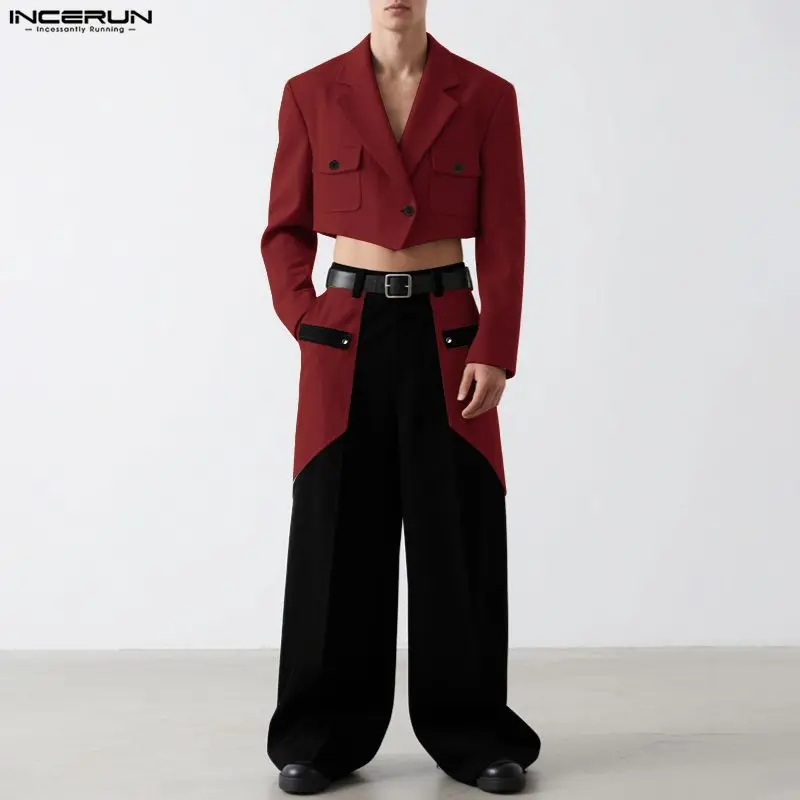 

INCERUN мужские комплекты в стиле пэчворк с лацканами и длинными рукавами, укороченный пиджак и брюки, комплекты из двух предметов, уличная одежда, элегантные модные повседневные мужские костюмы