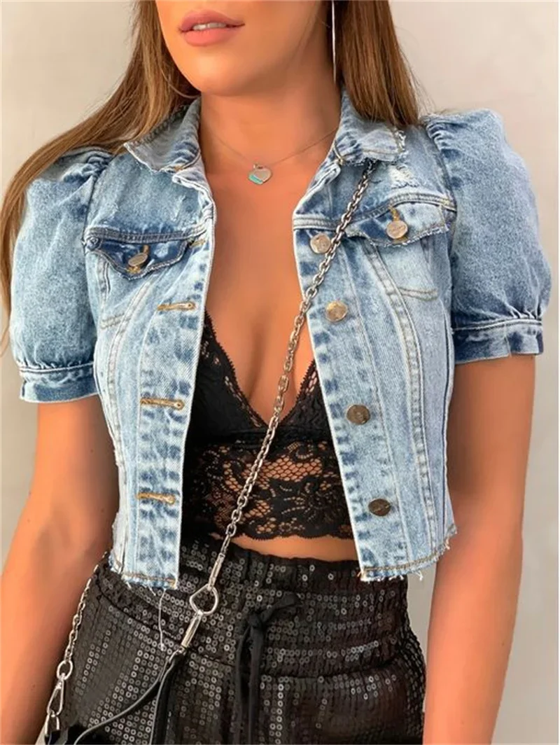 Women Vintage Short Denim Jacket New Fashion Bubble Short Sleeve Solid Color Outerwear 2023 Summer Single-breasted Cardigan Coat