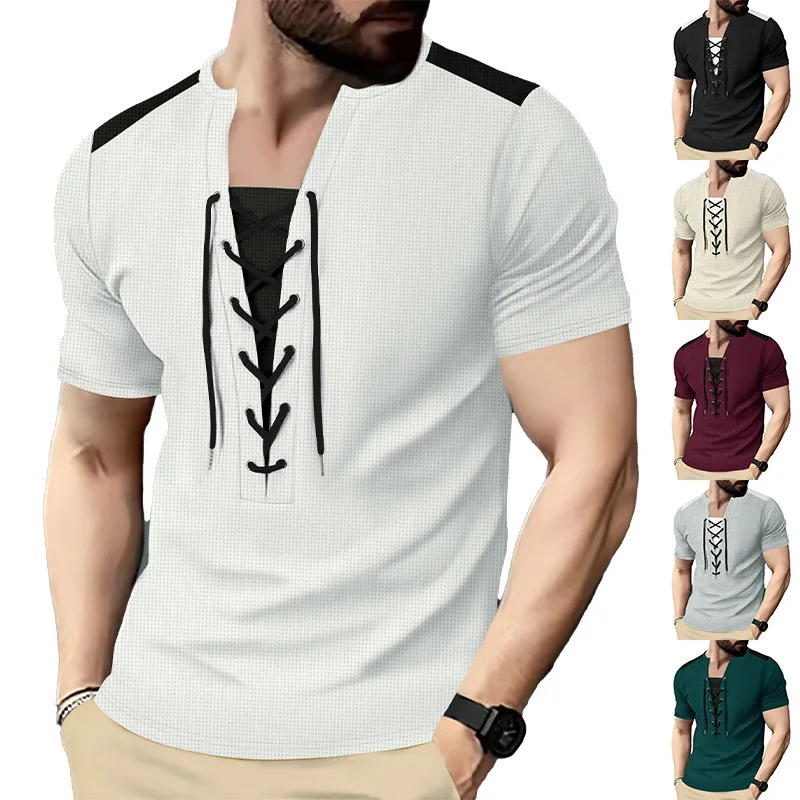 Summer Men's T-Shirt Casual Tether Design Waffle Cardigan Loose Breathable Short Sleeves