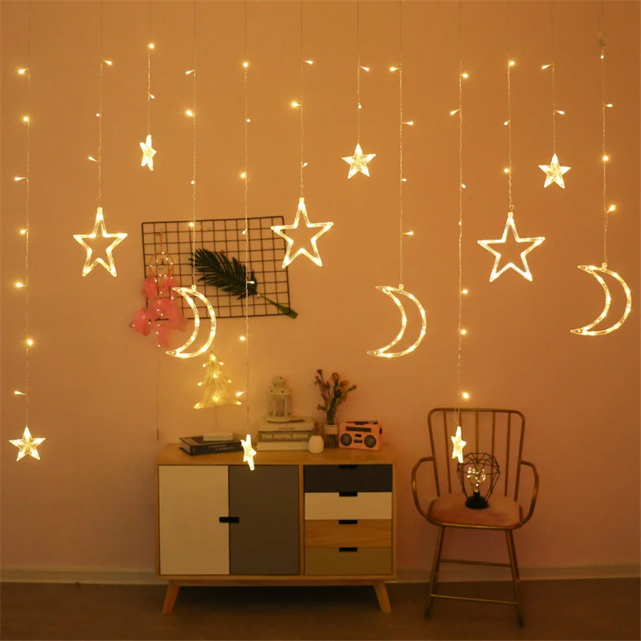 Criativo 3.5M LED Star Moon Curtain Lights 8 Modes Natal Garland Fairy Lights para Quarto Wedding Party Decoração de Ano Novo