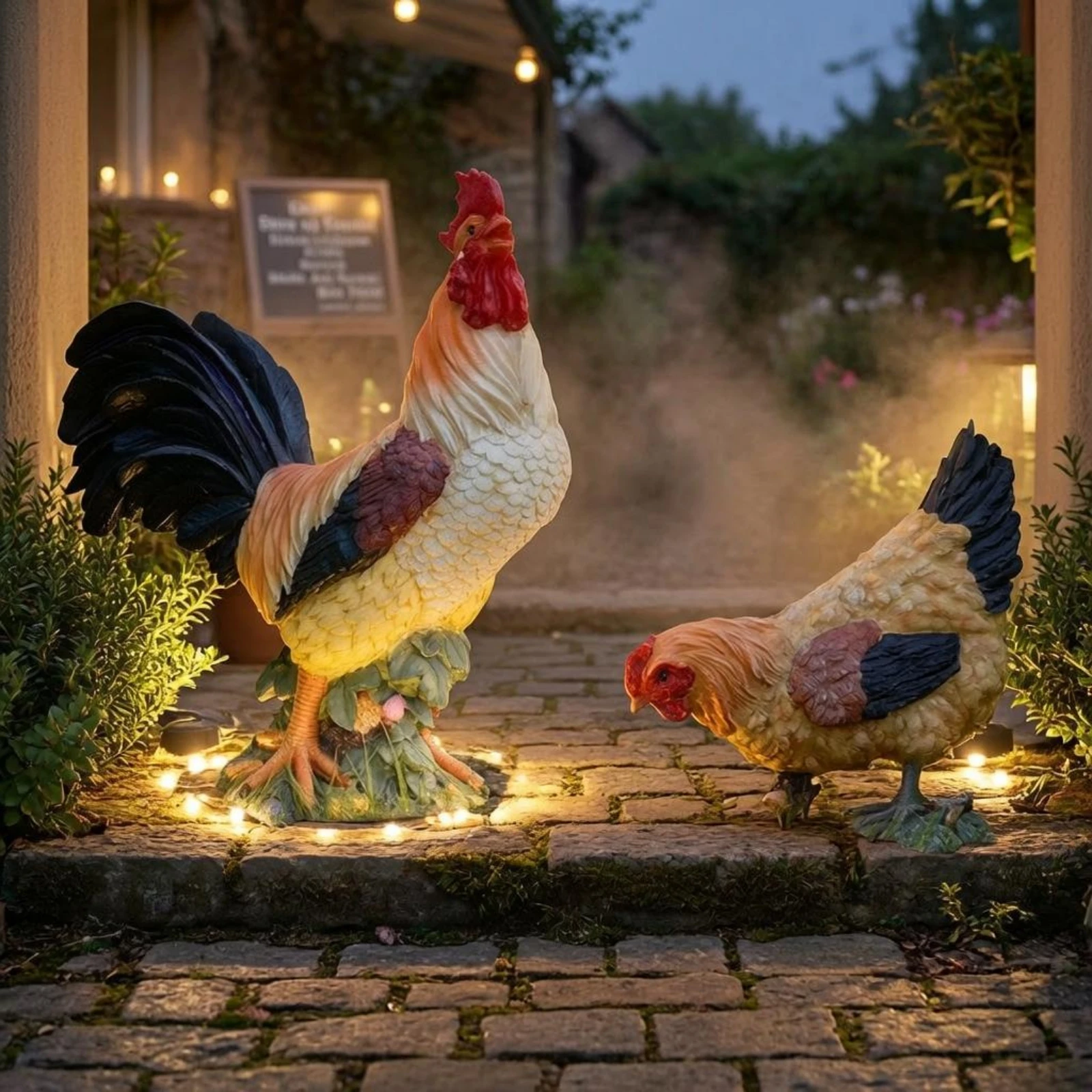 Rooster Figure and Hen Statue Weather-Resistant Garden Rooster Figure Sculpture Yard Art Waterproof Outdoor Decoration Rustic