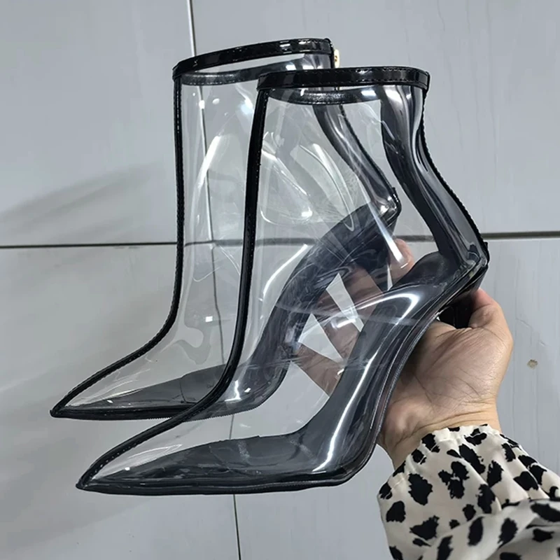 

Transparent PVC Stiletto High Heels Ankle Boots Black Nude Leather Back Zipper Pointed Toe Women Short Booties Size44