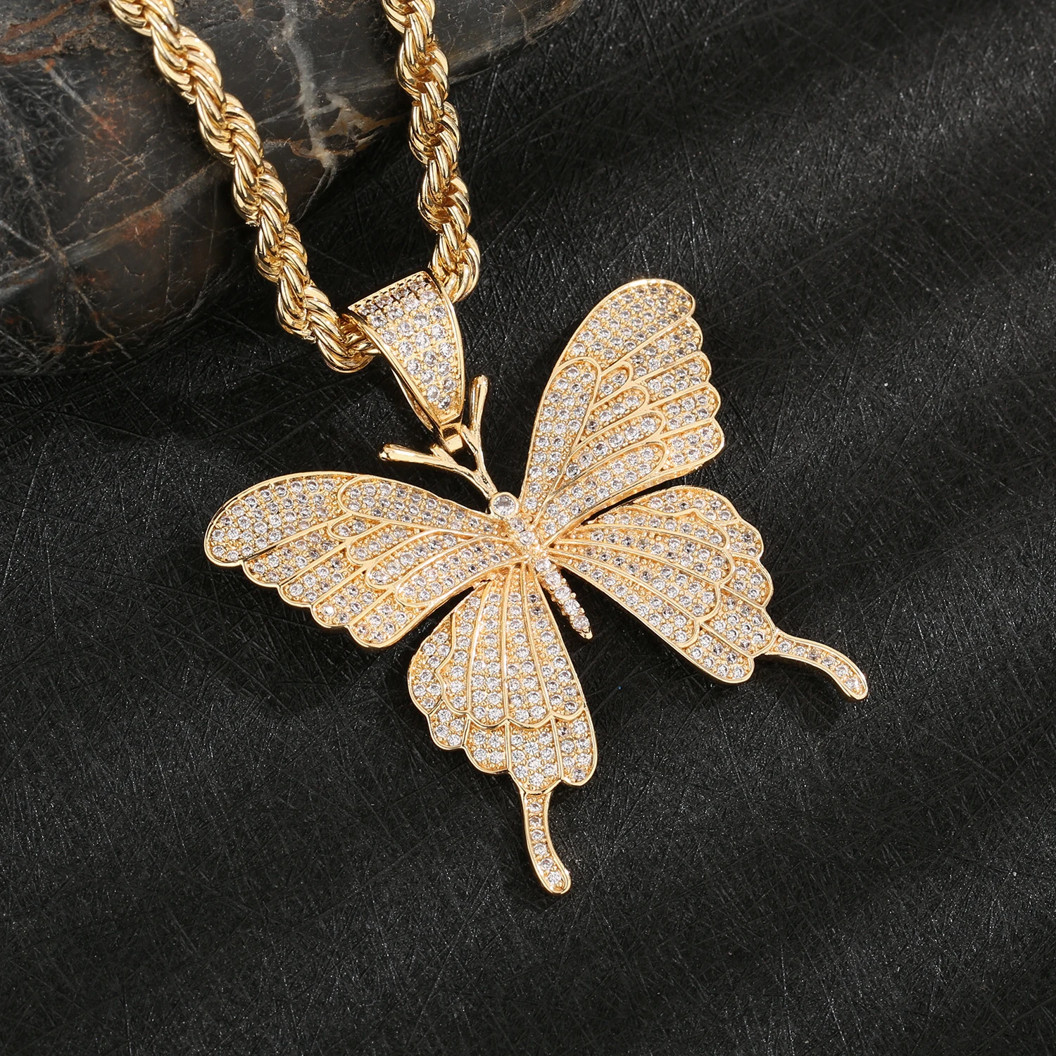 Fashion Hip-hop Shiny Zircon Large Butterfly Pendant Rap Cuban Chain Diy Custom Women\'s Party Jewelry