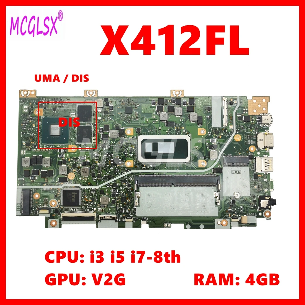 X412FA Laptop Motherboard For Asus X412FJG X412FL X412FAC X412FLG X412FJC V4000FL Mainboard i3 i5 i7-8th 10th Gen CPU 4GB RAM