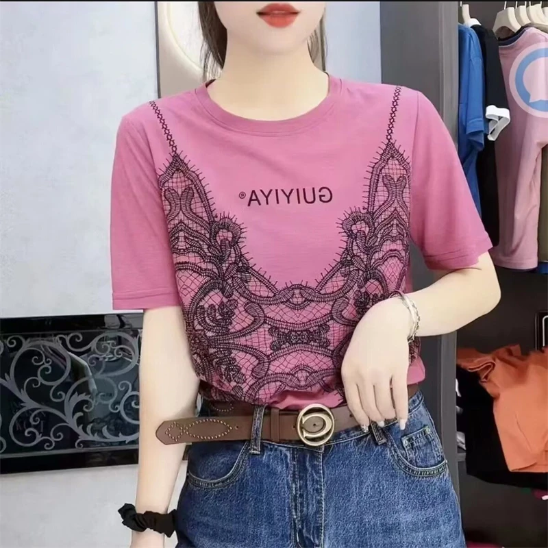 Womens Clothing 2023 Summer Trendy Lace Graphic Printed Streetwear Y2K T-shirts Female Casual O Neck Short Sleeve Tees Chic Top