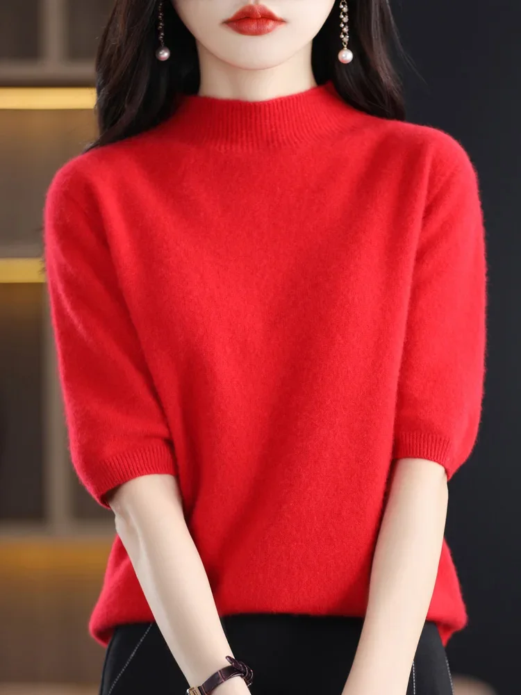 Fashion Half Short Sleeve Sweater Basic Mock-Neck  Cashmere Women Knitted Top Pullover Clothing Tops