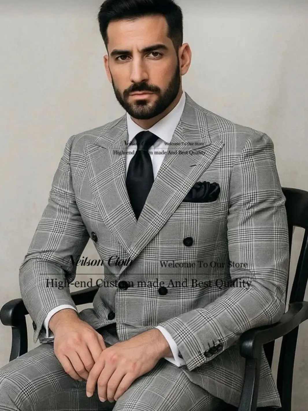 

Formal Grey Plaid Male Prom Blazers 2 Pieces Sets Peaked Lapel Groom Wedding Tuxedos Customized Double Breasted Costume Homme