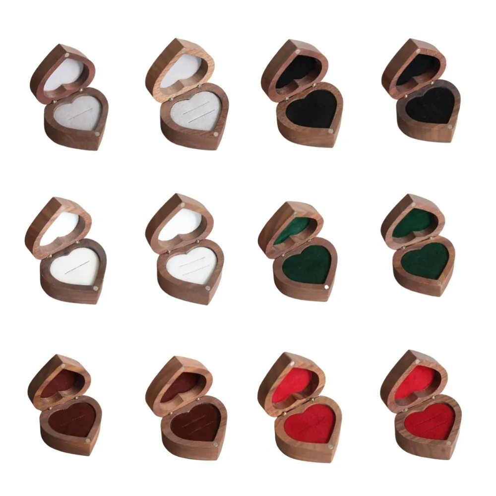 Portable 1/2 Slots Heart Rings Holder Anti-collision Wedding Walnut Wood Rings Box Packaging Proposal Rings Bearer Box Gifts