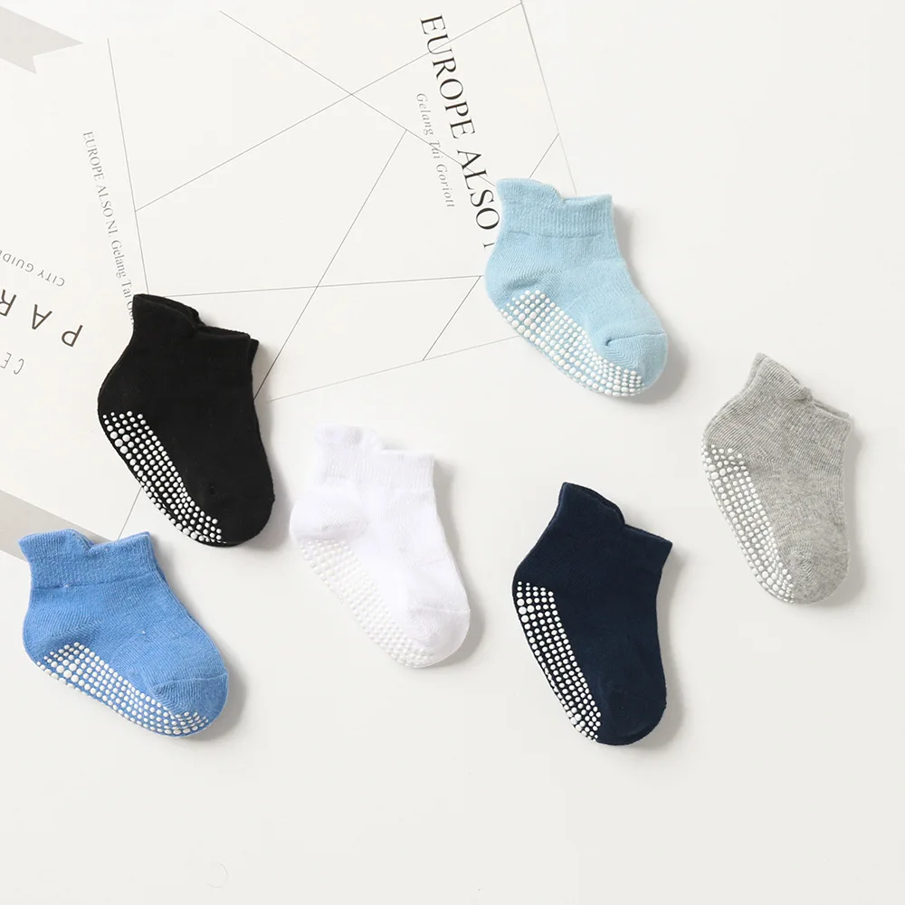 6 Pairs/Lot Cotton Baby Anti-slip Boat Socks for Boys Girls Low Cut Floor Kids Toddler Sock with Rubber Grips for 0-1Years