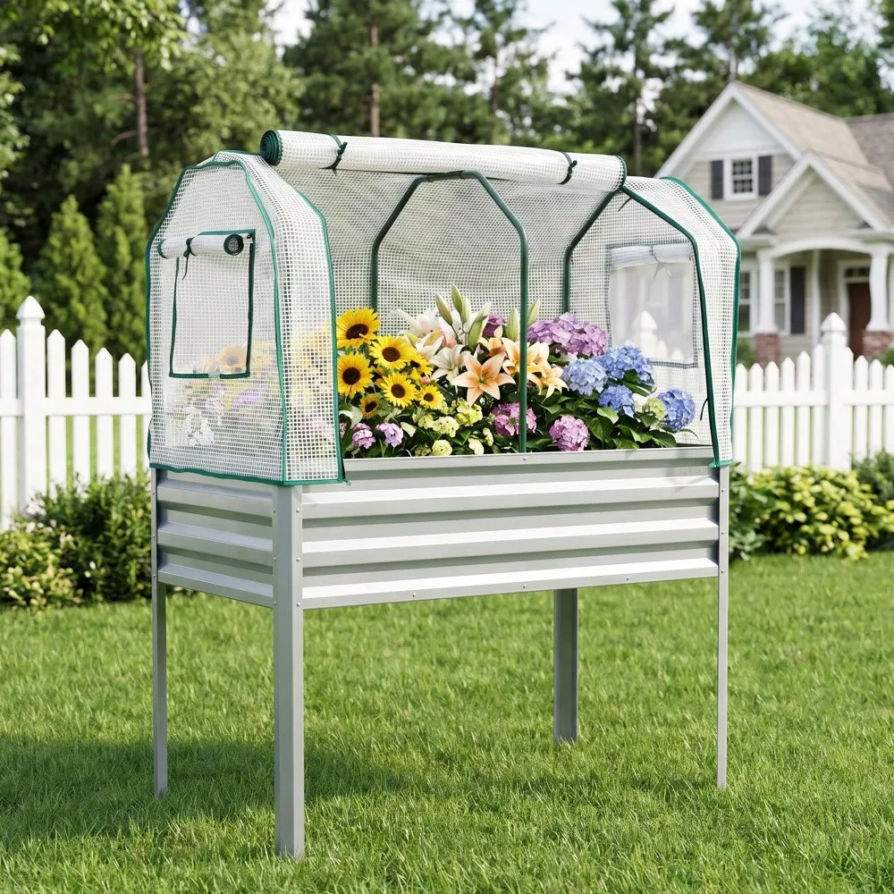 Raised Garden Bed With Greenhouse Cover, Outdoor Planter Box With Roll-Up Door & Vent, Weather-Resistant Galvanized Steel, 30-Inch Ergonomic Height For Year-Round GrowingGardening Pots, Planters & Accessories