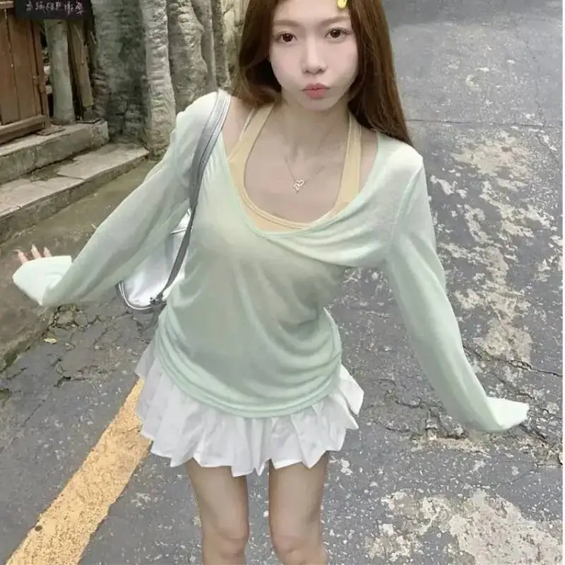 البوليستر بلوزات على الموضة امرأة عادي جودة عالية كم طويل تي شيرت للنساء مبيعات الملابس الرخيصة Y K كوريا النمط الكوري