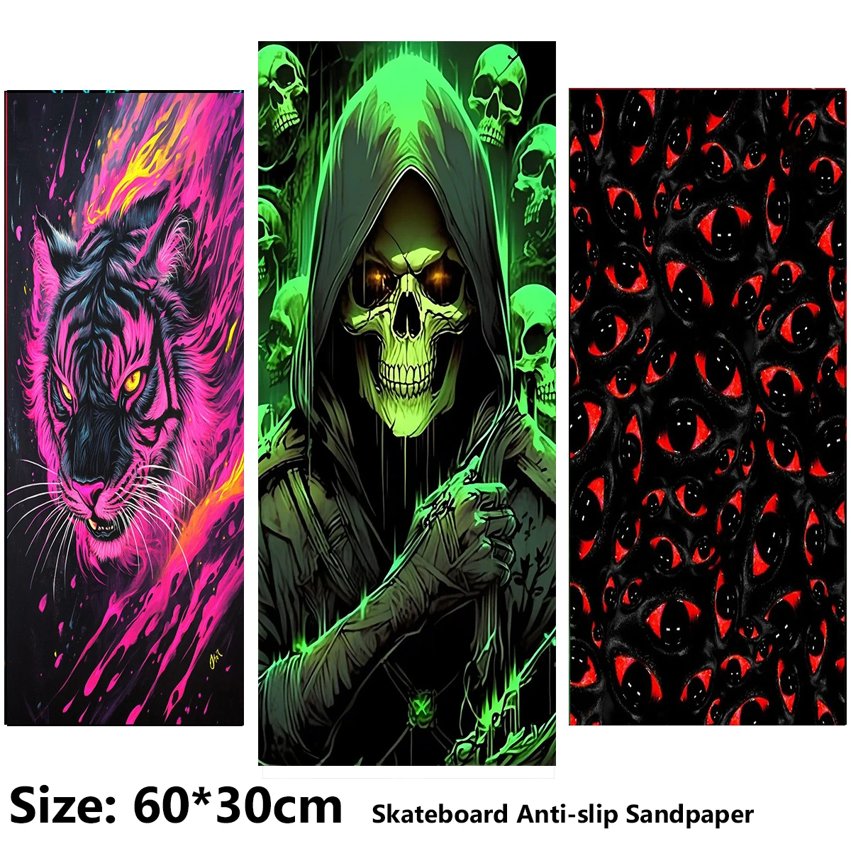 Electric Scooter Anti-slip Sticker Sandpaper Skateboard GripTape Sheet 60*30cm Rose Red Tiger Fluorescent Skeleton Pattern