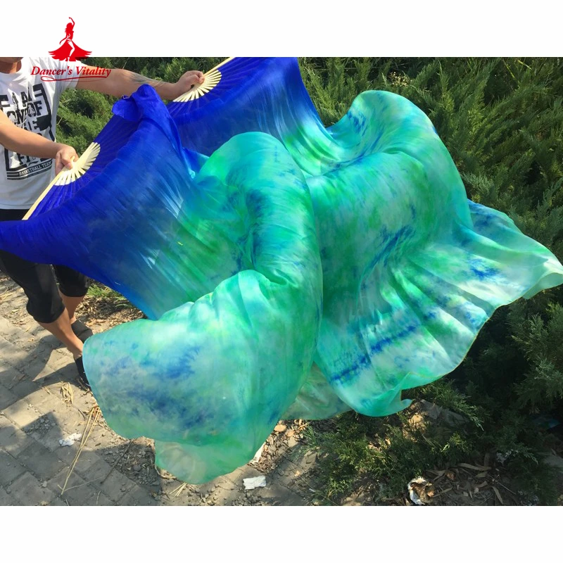 Wholesale dyed 100% pure natural silk fan veils for belly dance sexy 180cm long silk fan for dancer show on the stage A pair