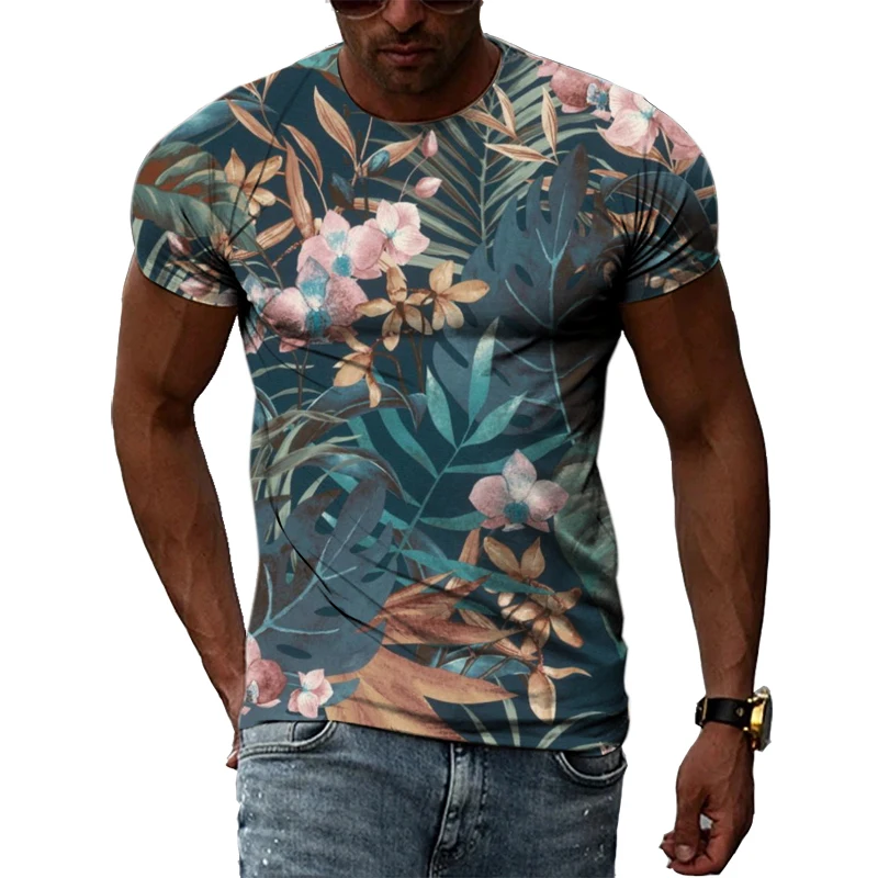 Summer New Men\'s Floral Pattern 3D T-shirt Street Hip Hop Personality Print Tops Trendy Fashion Round Neck Short Sleeve Clothing