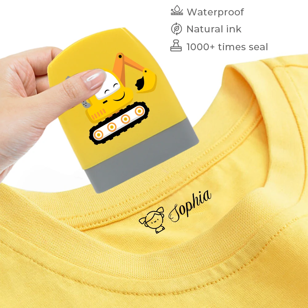 1pc Personalize Custom Name Stamp Excavator Pattern Personalized Self-Inking Fabric Label Seal Waterproof Plastic No Power