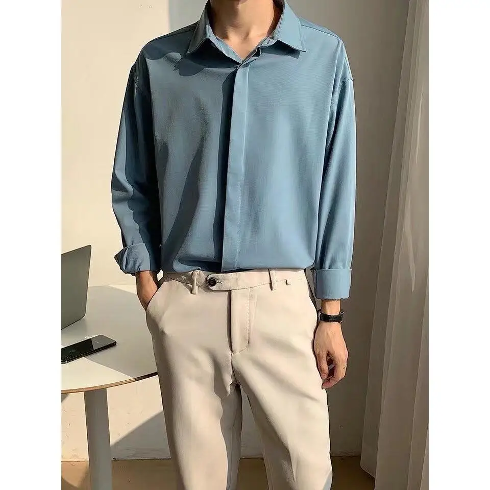 

Premium Feel Iron Free Draped Smooth Casual Long Sve Korean Loose Light Mature Square Collar Ice Silk irt for Men