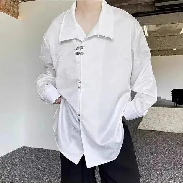 2026 woman improved daily chinese style Unisex hanfu shirt irregular design satin stand collarlong sleeve retro style blouse