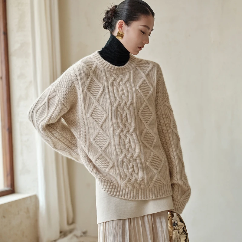 

00% Pure Camere Knitted Sweater round Ne Twist Flower Design Women's Base irt Autumn Winter New Sle Warmth Emitting ...