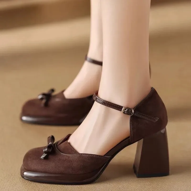 Sanded leather bow chunky heels with super high heel one-line sandals with bun toe for women brown all-in-one leather shoes