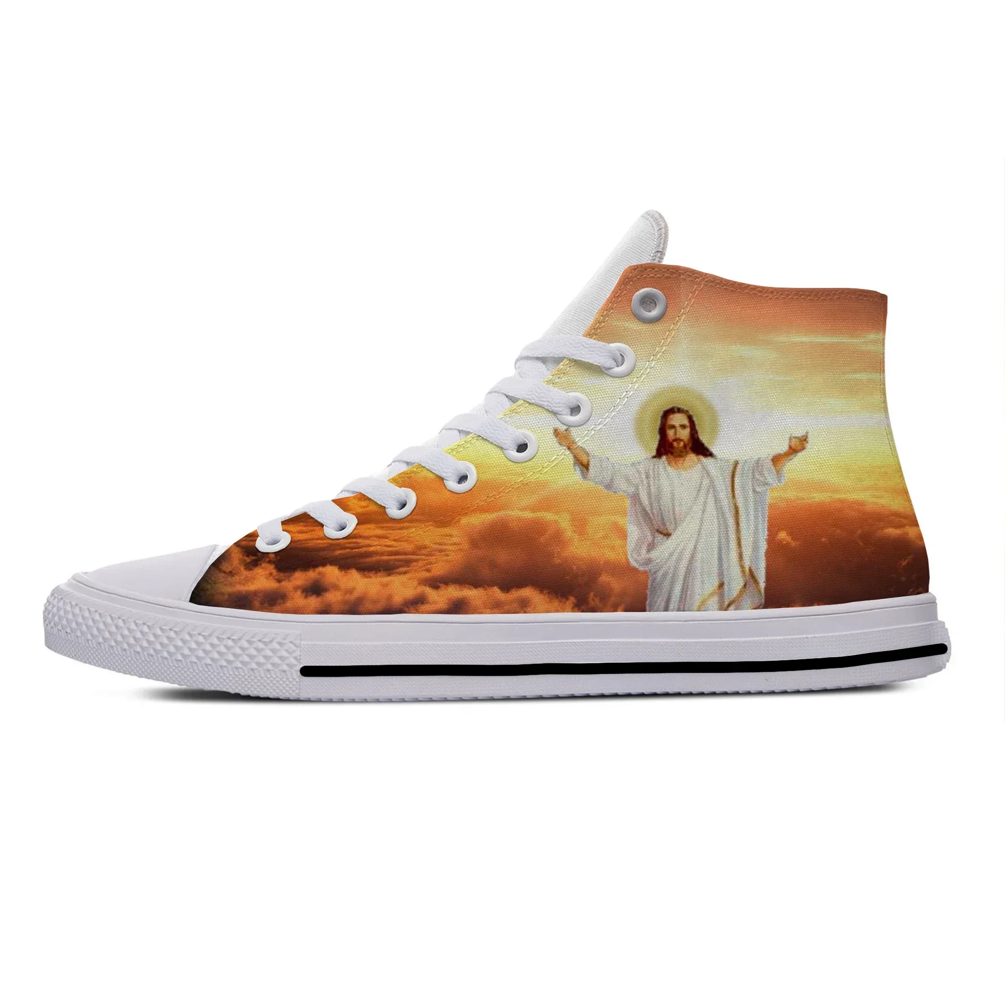 Homens e Mulheres Jesus Santa Luz Anime Estético Sapatos de Pano Casuais, Tênis Clássicos, Top Alto, Sapatos de Borda Mais Recentes, Engraçado, Popular, Quente