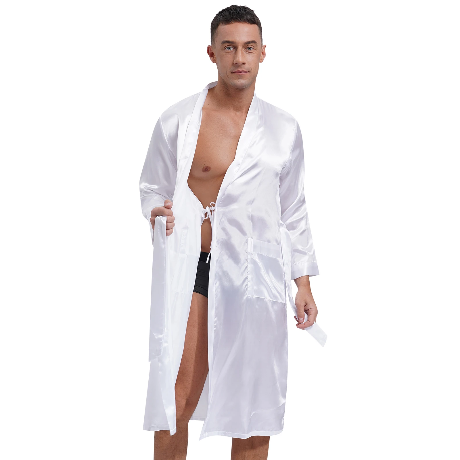 Men Satin Ice Silky Kimono Robe Nightwear Luxury Lightweight Bathrobe Long Sleeve Open Front Sleepshirts with Waist Belt Pajamas