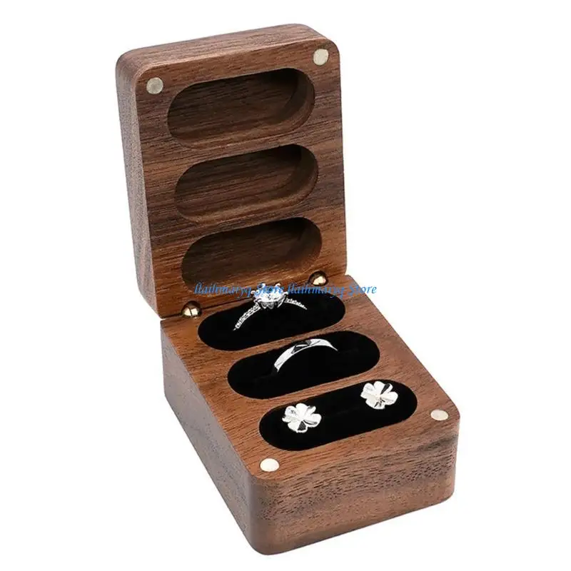 

573B Elegant Walnut Wedding Ring Jewelry Box Velvets Interior Rings Display Case