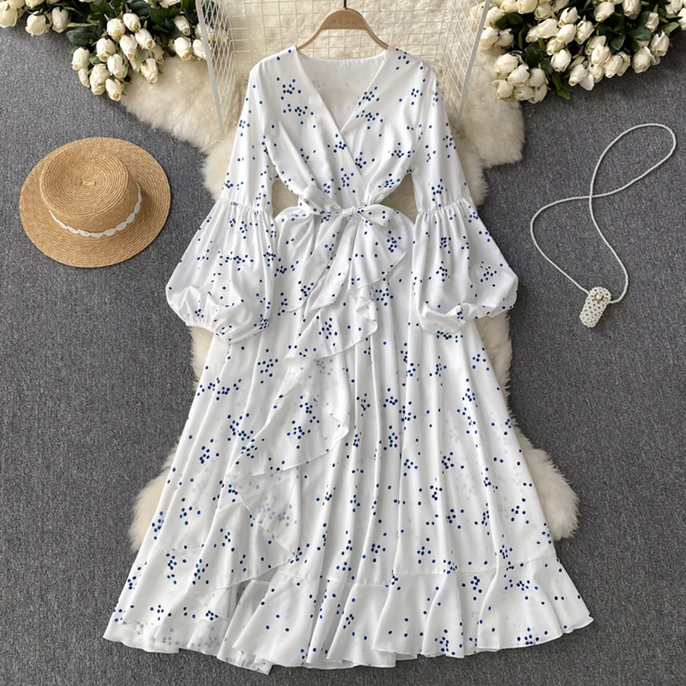 

Spring Autumn Split Dress Women V-Neck Lantern Sleeve Lace-up Long Skirt Female Casual Fashion White Printed Dresses