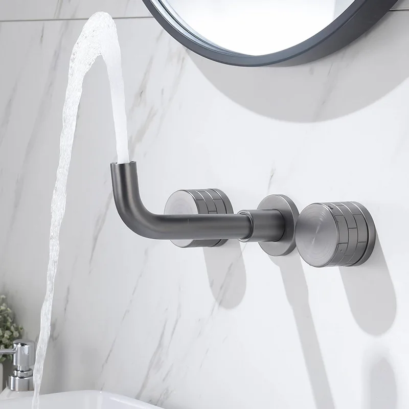 

Modern Gunmetal Basin Faucet Dual Handle Hot and Cold Concealed Wall-mounted Washbasin Tap Water Outlet