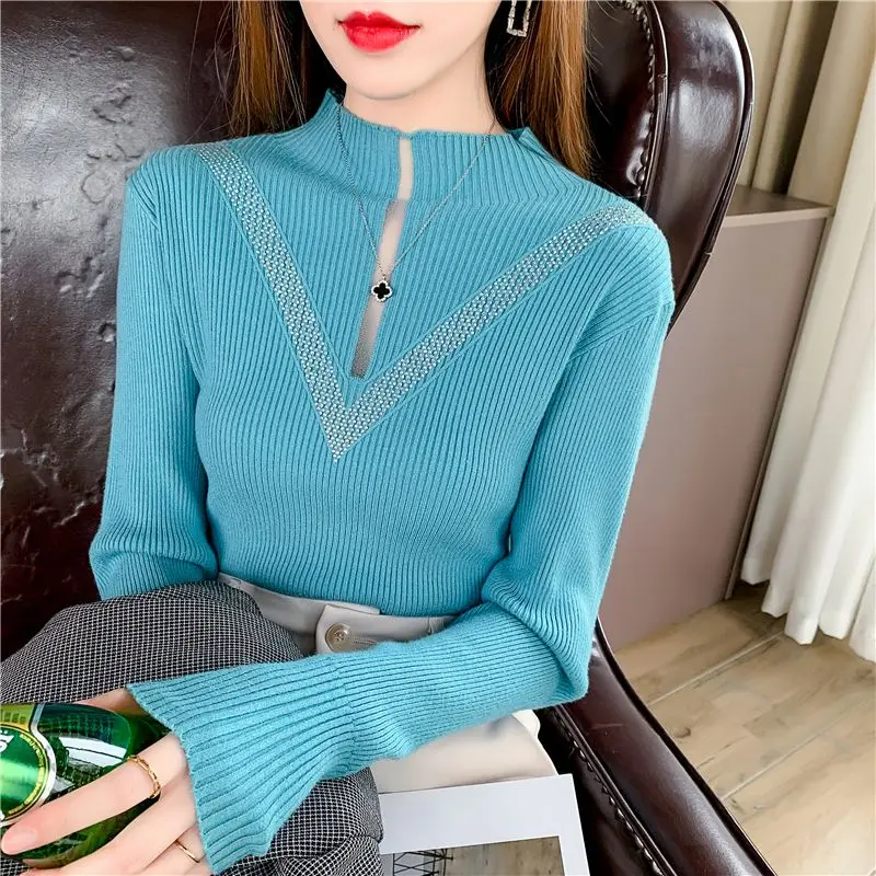 Autumn Winter New Sexy Diamonds Gauze Hollow Out Knitted Women\'s Half High Neck Long Sleeve Solid Color Sweater Slim Bottom Tops