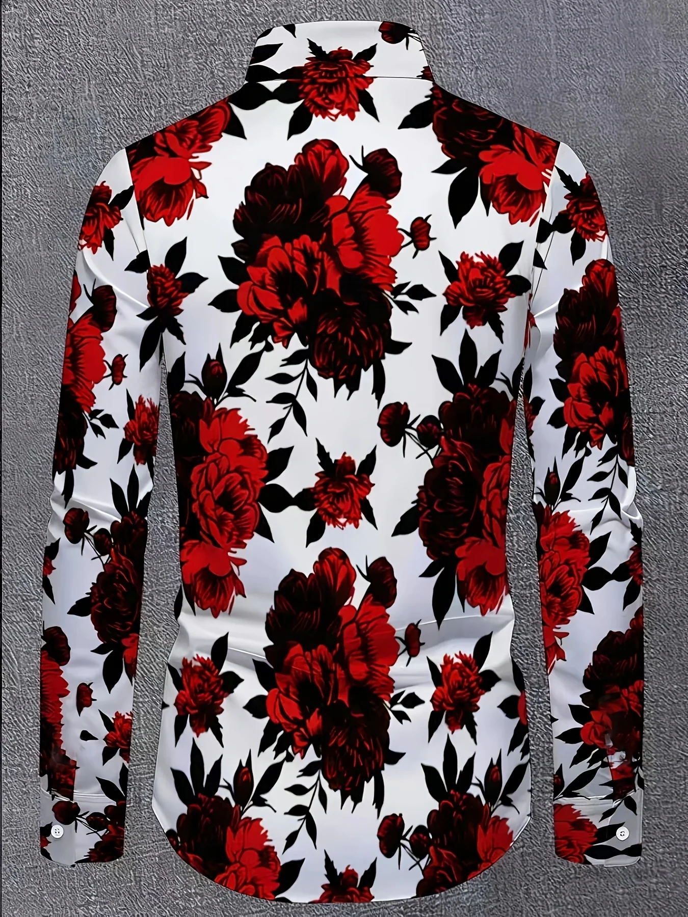 Autumn Men Lapel Collar Shirt Vintage Big Rose Flower Leaf Graphic Polyester Long‑Sleeve Top