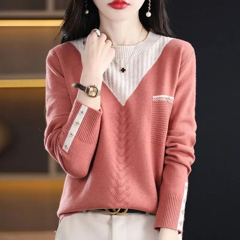 Autumn Winter Women\'s Clothing Pullover Solid Color Sweater Knitted Long Sleeve Casual Office Lady Fake Two Pieces Korean Tops