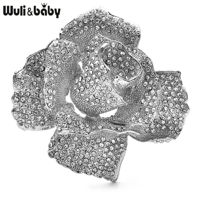 

Wuli&baby Big Elegant Sparkling Silver Color Rose Flower Brooches Pins For Women Jewelry Accessory Gift