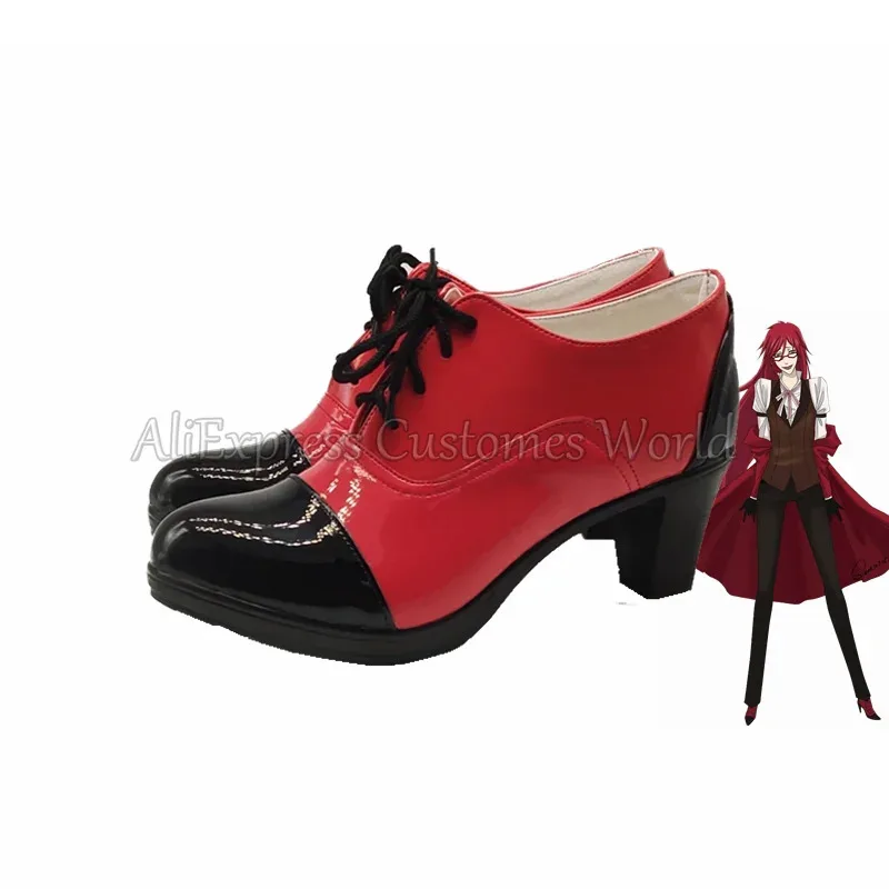 Anime Black Butler Grell Sutcliff Scarpe Cosplay Stivali rossi Distintivi e portachiavi gratuiti Halloween Grell Sutcliff Cos Accessori